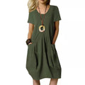 Cotton Linen Loose Round Neck Short Sleeve Spliced Swing Dress