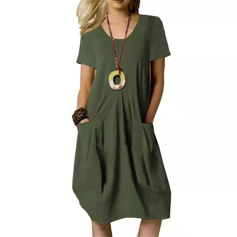 Cotton Linen Loose Round Neck Short Sleeve Spliced Swing Dress