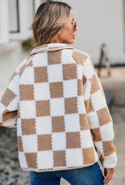 Women’s Checkered Snap Down Teddy Jacket in White and Brown