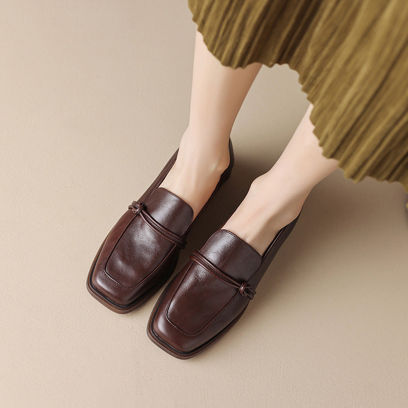 Women’s Retro Minimalist Mid-Heel Leather Loafers Black Brown - Image 7