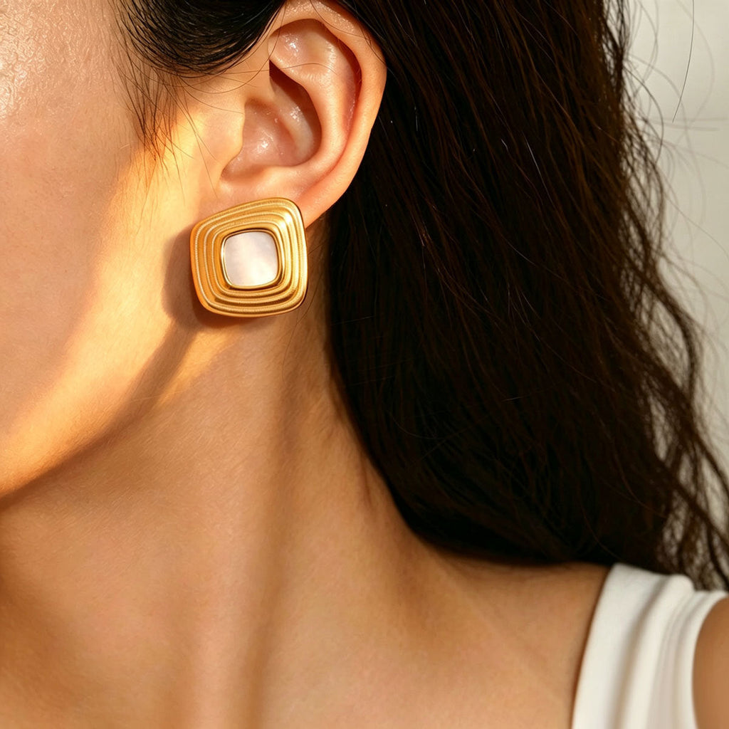 Women Multi Wave Square Faux Shell Stud Earrings, PVD Gold Plated Minimalist Vintage Daily Office Gift Jewelry