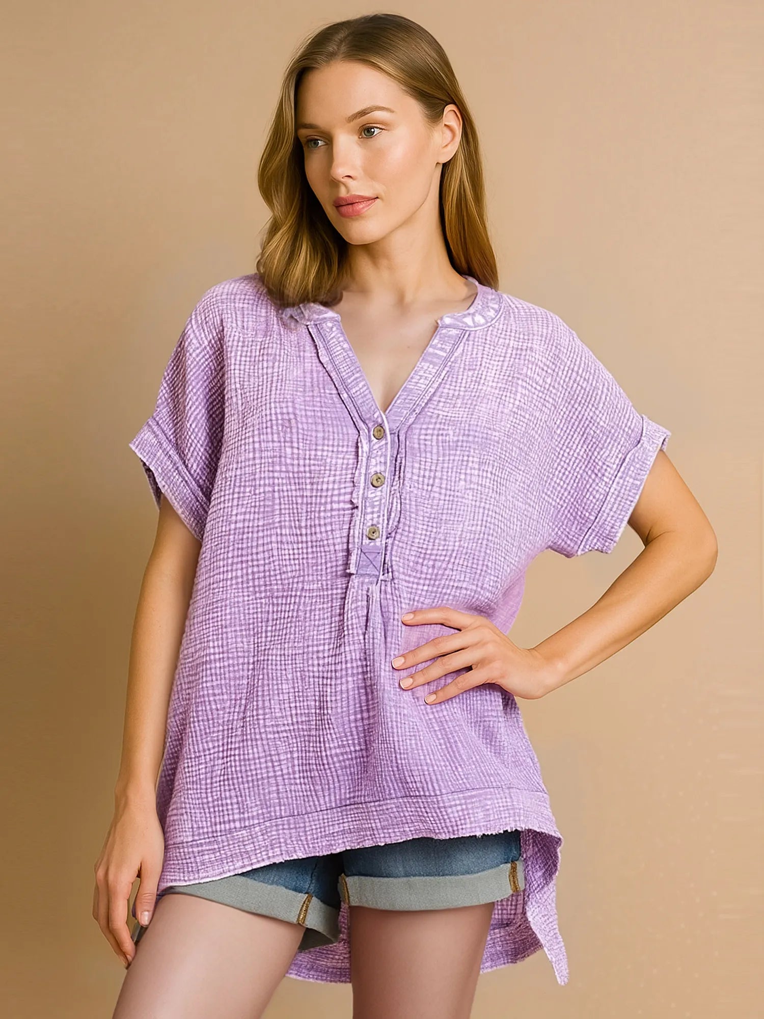 Zenana Washed Double Gauze Lavender Henley 3/4 Sleeve Shirt
