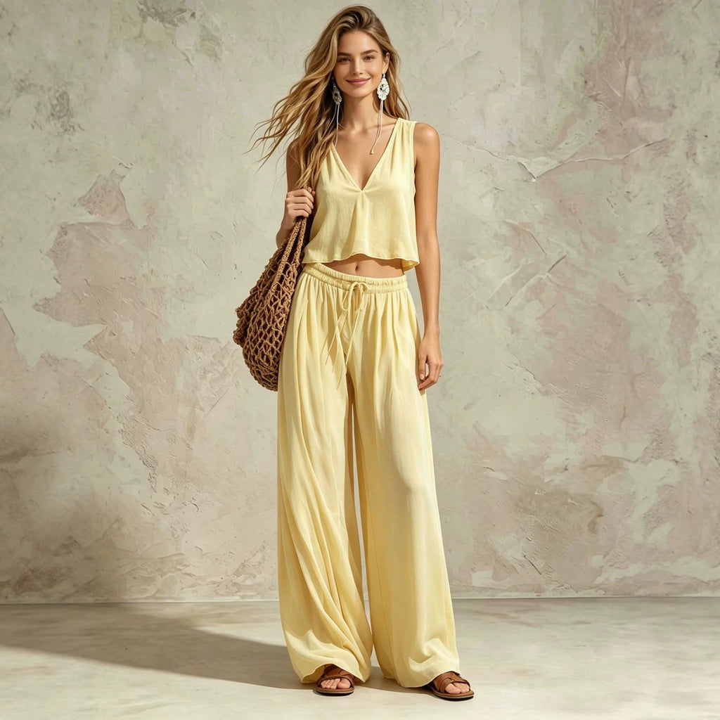 Women's V-Neck Sleeveless Camisole Top and Wide Leg Pants Set