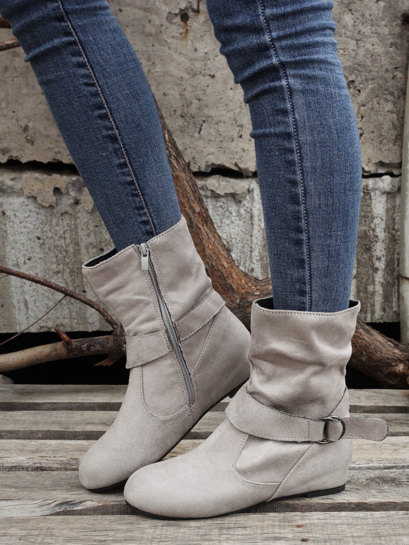 Women's Ankle Boots with Buckle Belt & Side Zip