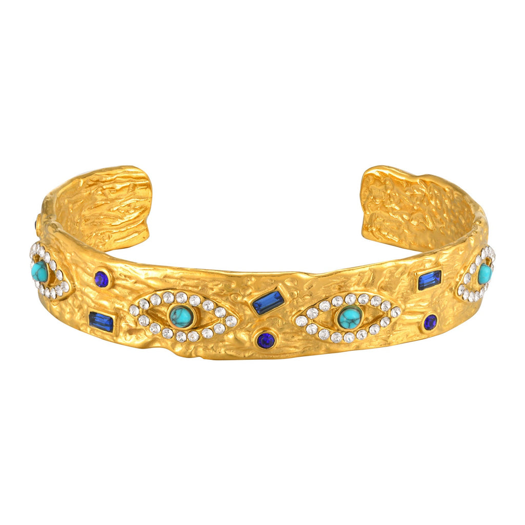 Gold Tone Stainless Steel Zircon Turquoise Eye Open Cuff Bracelet