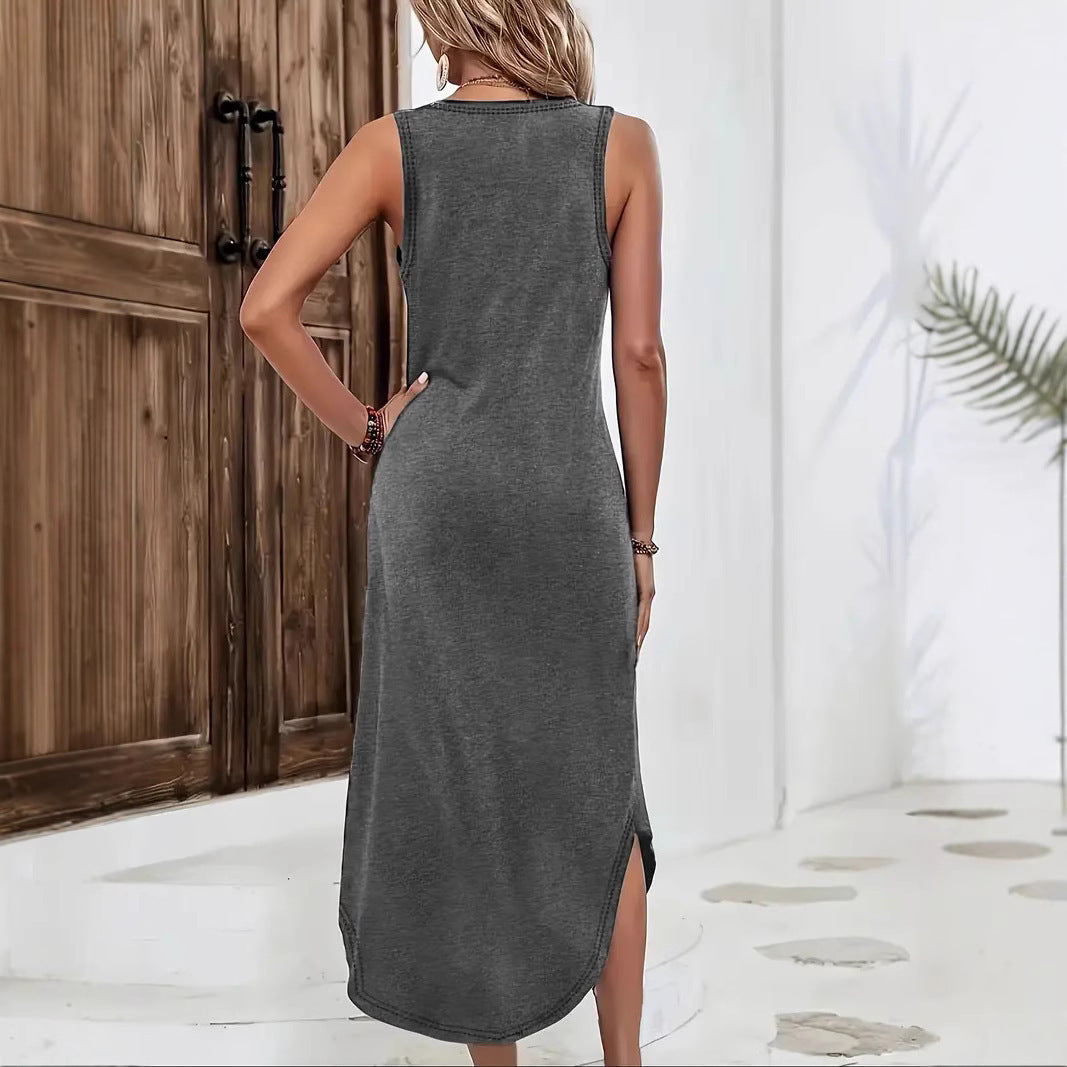 Women's Sleeveless V-Neck Slit Knitted Mid-Length Summer Dress