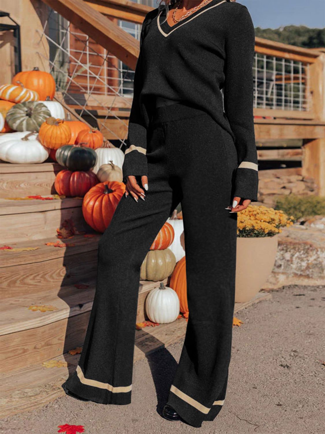 Perfee V-Neck Long Sleeve Loungewear Set | Stretchy Knit