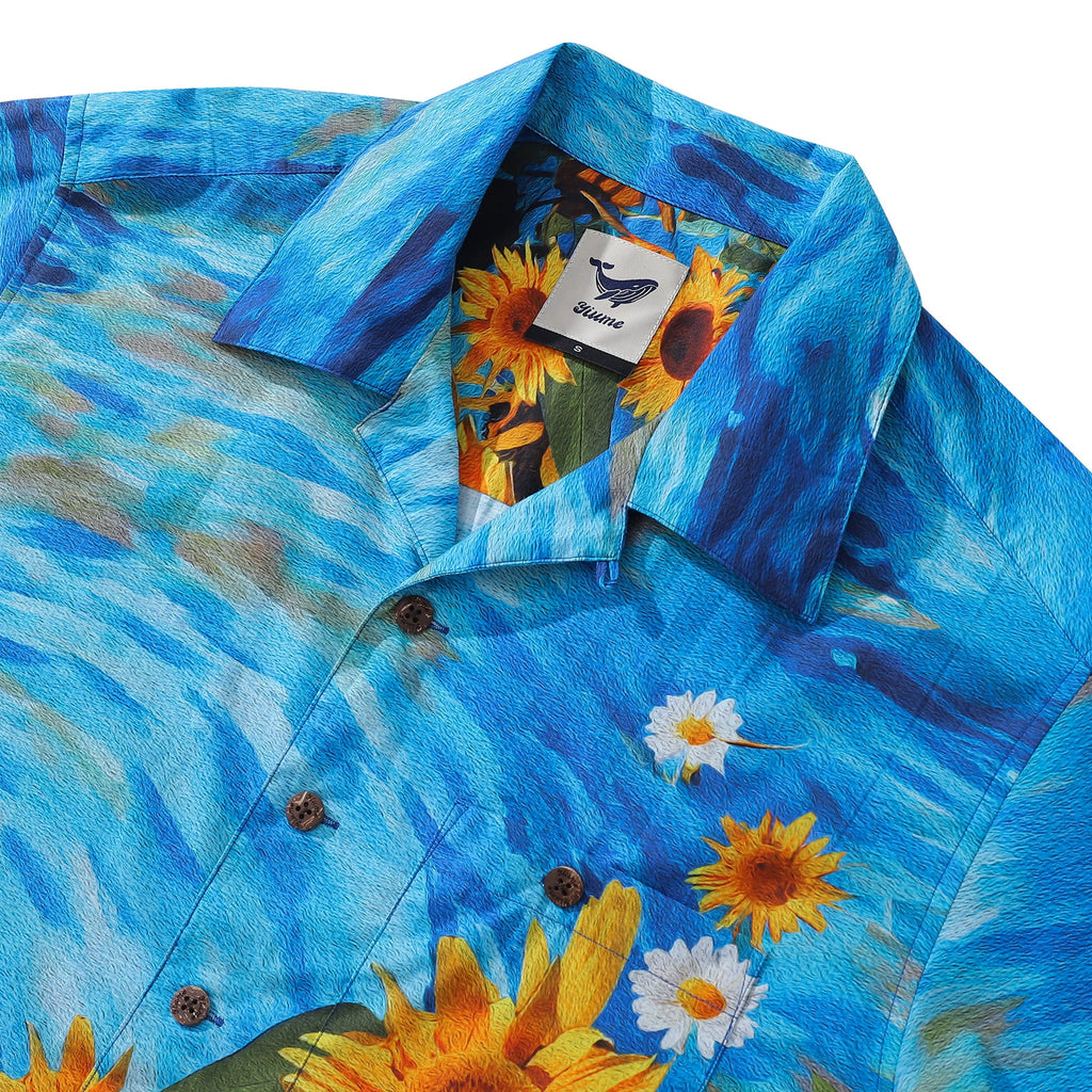 Floral Sunflower Print Hawaiian Camp Collar Shirt in Yellow
