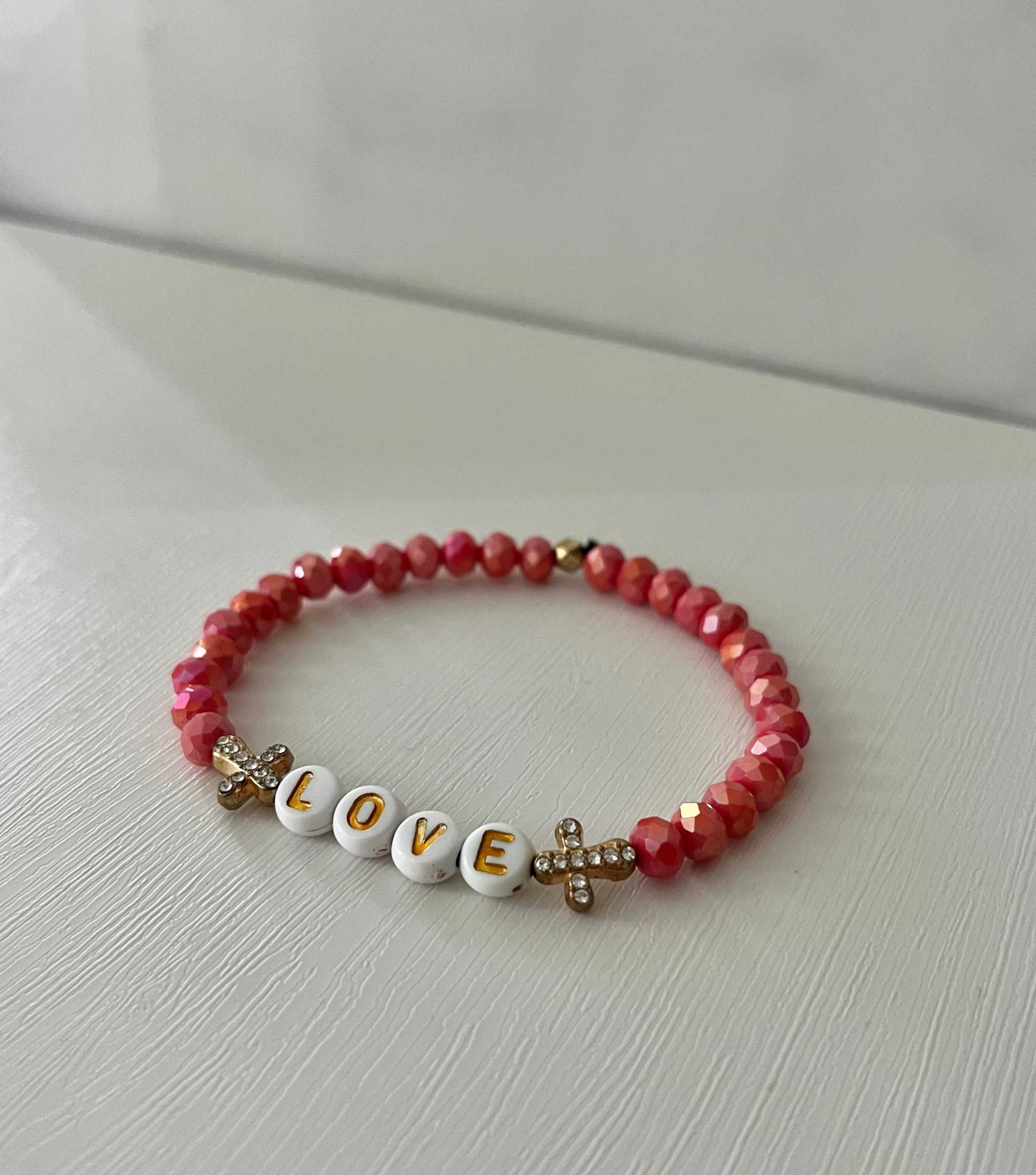 Red Glass Bead Bracelet with Gold Cross Charms