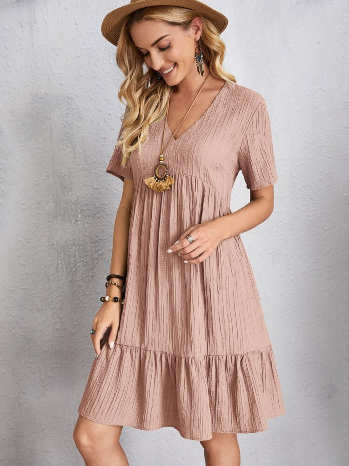 Classic V-Neck Short Sleeve Casual Midi Dress