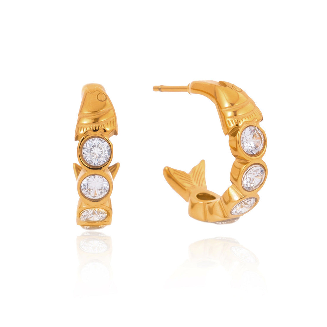 Polished stainless steel C hoop earrings with fish-inspired design and zircon accents