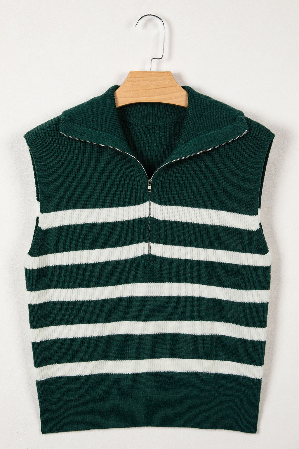 Stripe Ribbed Half-Zip Collar Sleeveless Sweater