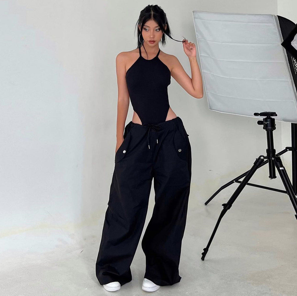Women's High-Waist Straight-Leg Cargo Pants with Lace-Up Details