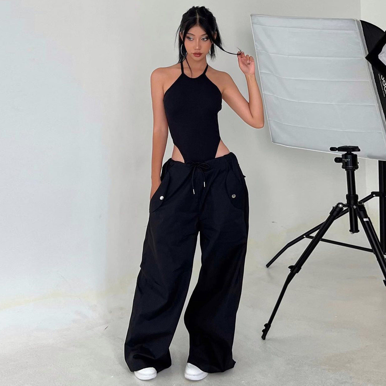 Women's High-Waist Straight-Leg Cargo Pants with Lace-Up Details