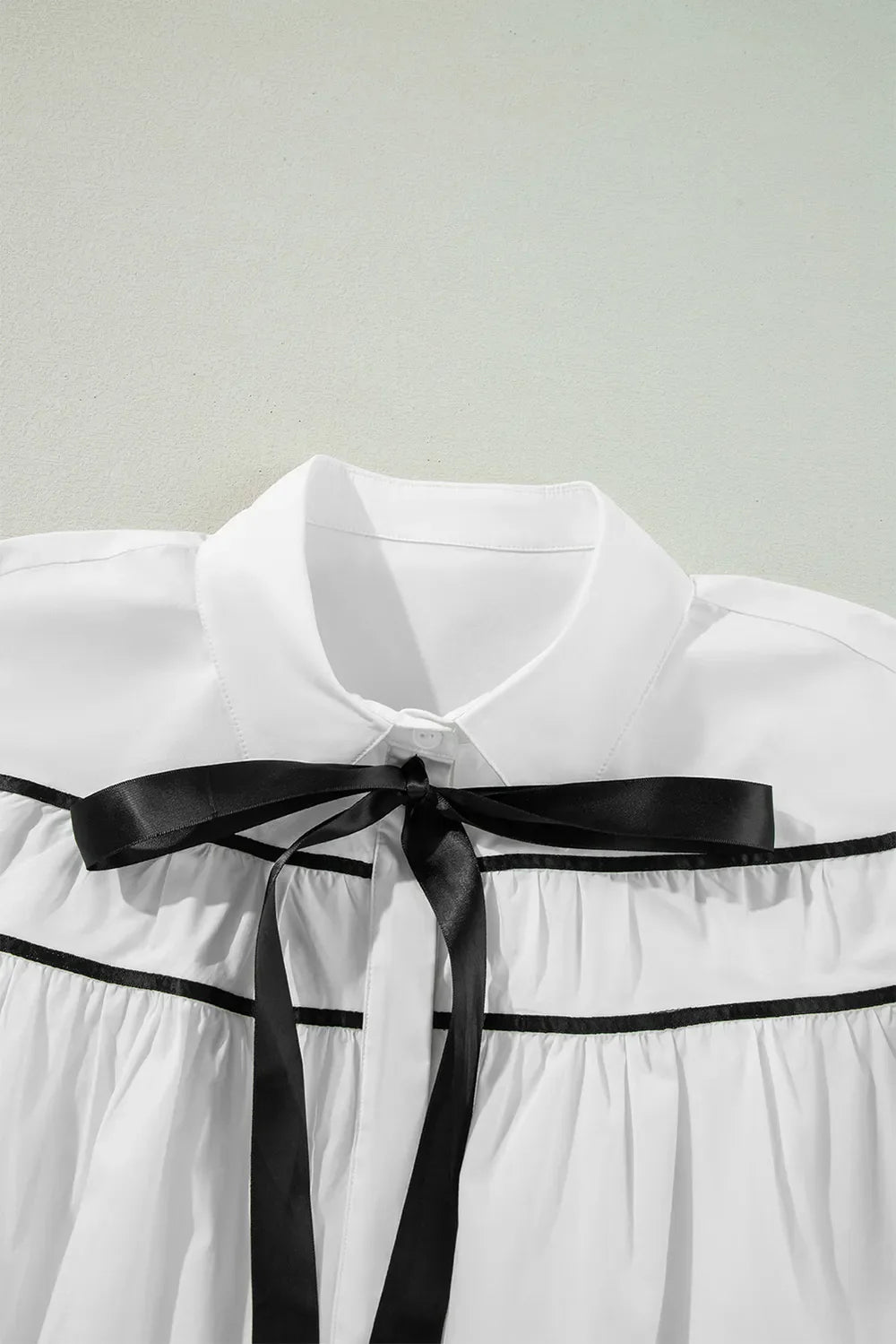 White Ribbon Bowtie Collared Blouse with Flounce Sleeves - Image 7