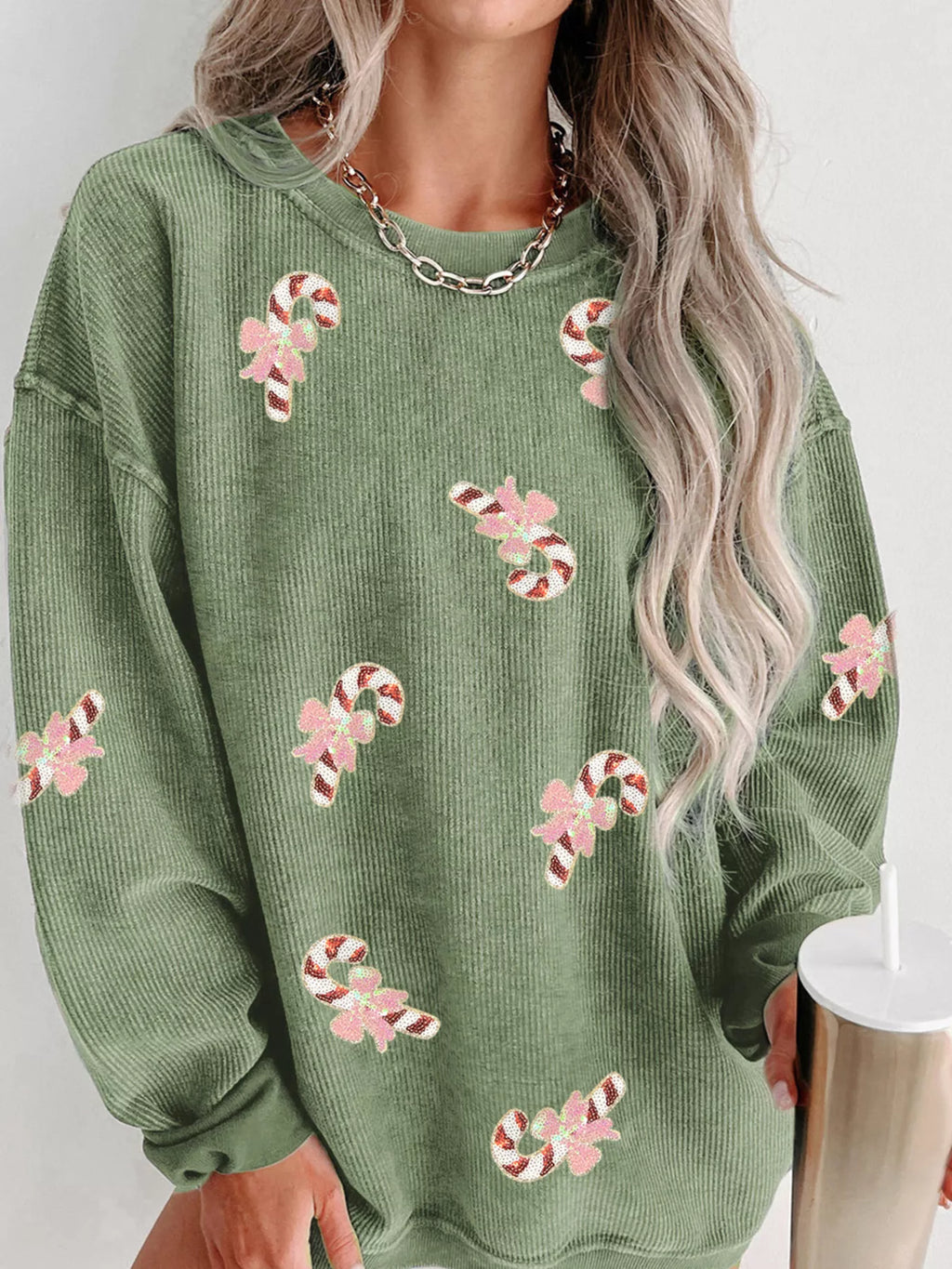 Christmas Sequin Candy Cane Patched Corded Ribbed Baggy Sweatshirt