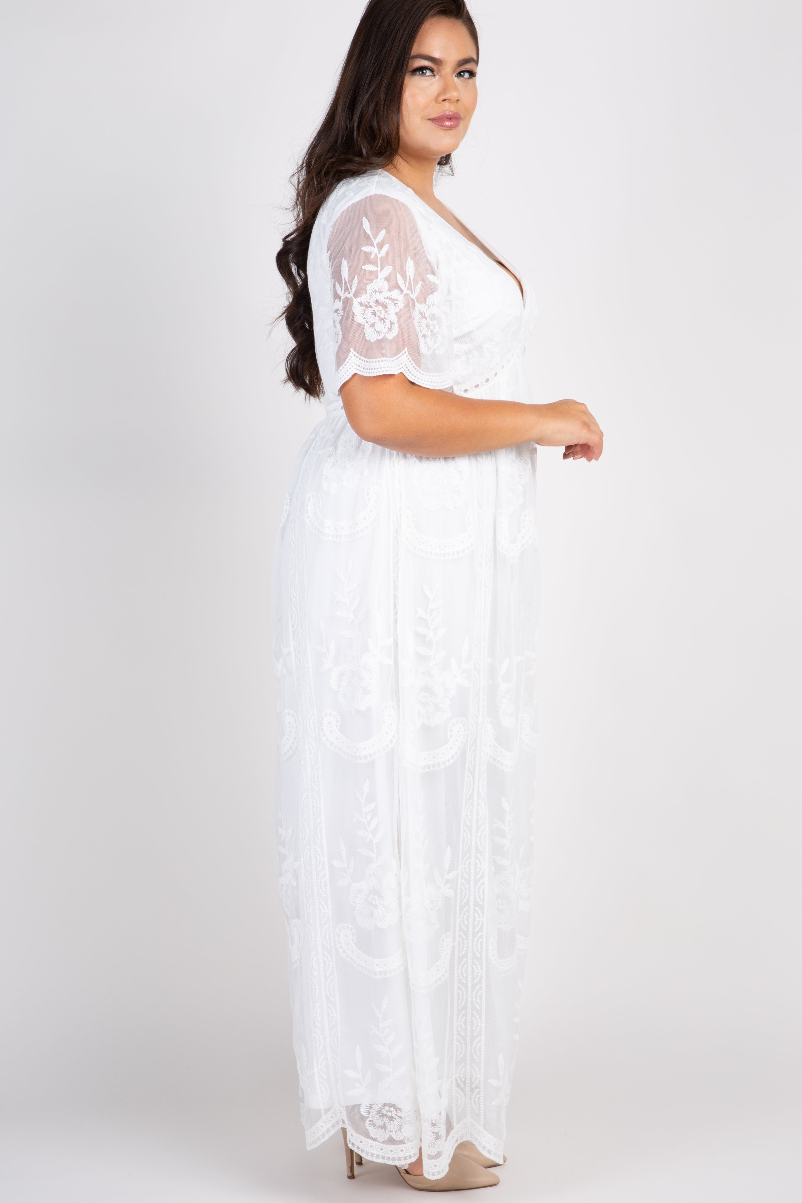 White Lace Mesh Overlay Maxi Dress with Flutter Sleeves