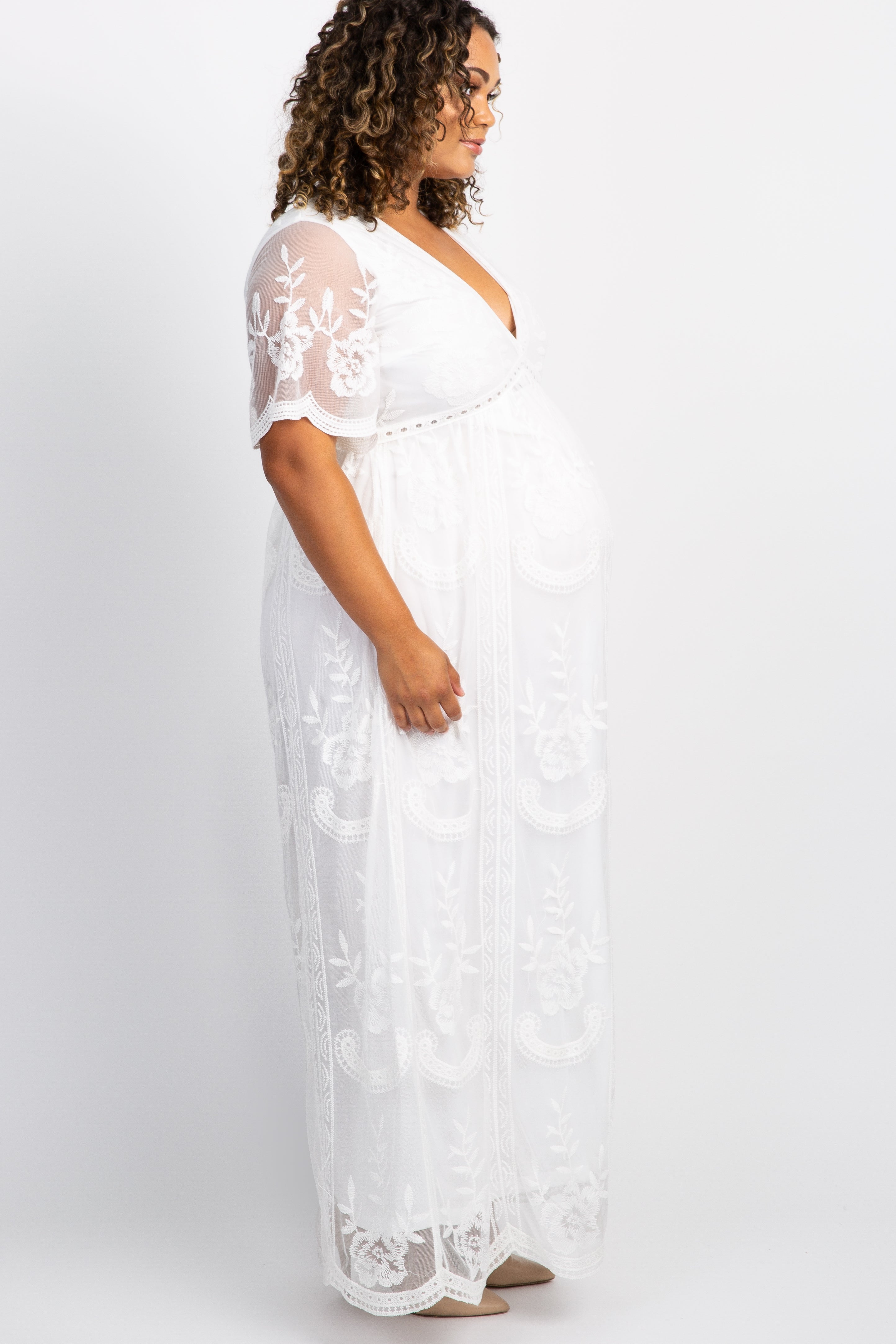PinkBlush White Lace Mesh Overlay Plus Maternity Maxi Dress