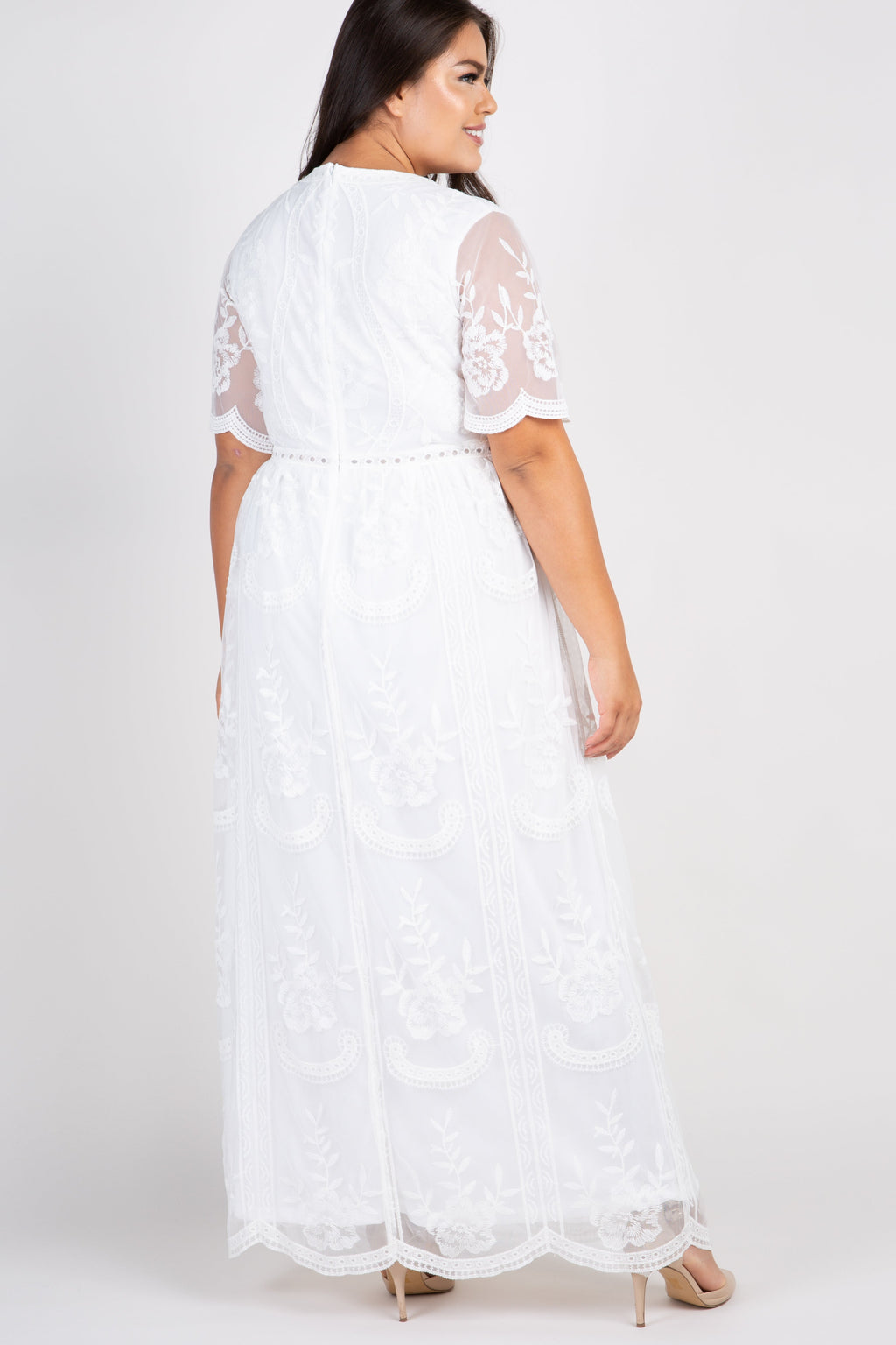 White Lace Mesh Overlay Maxi Dress with Flutter Sleeves