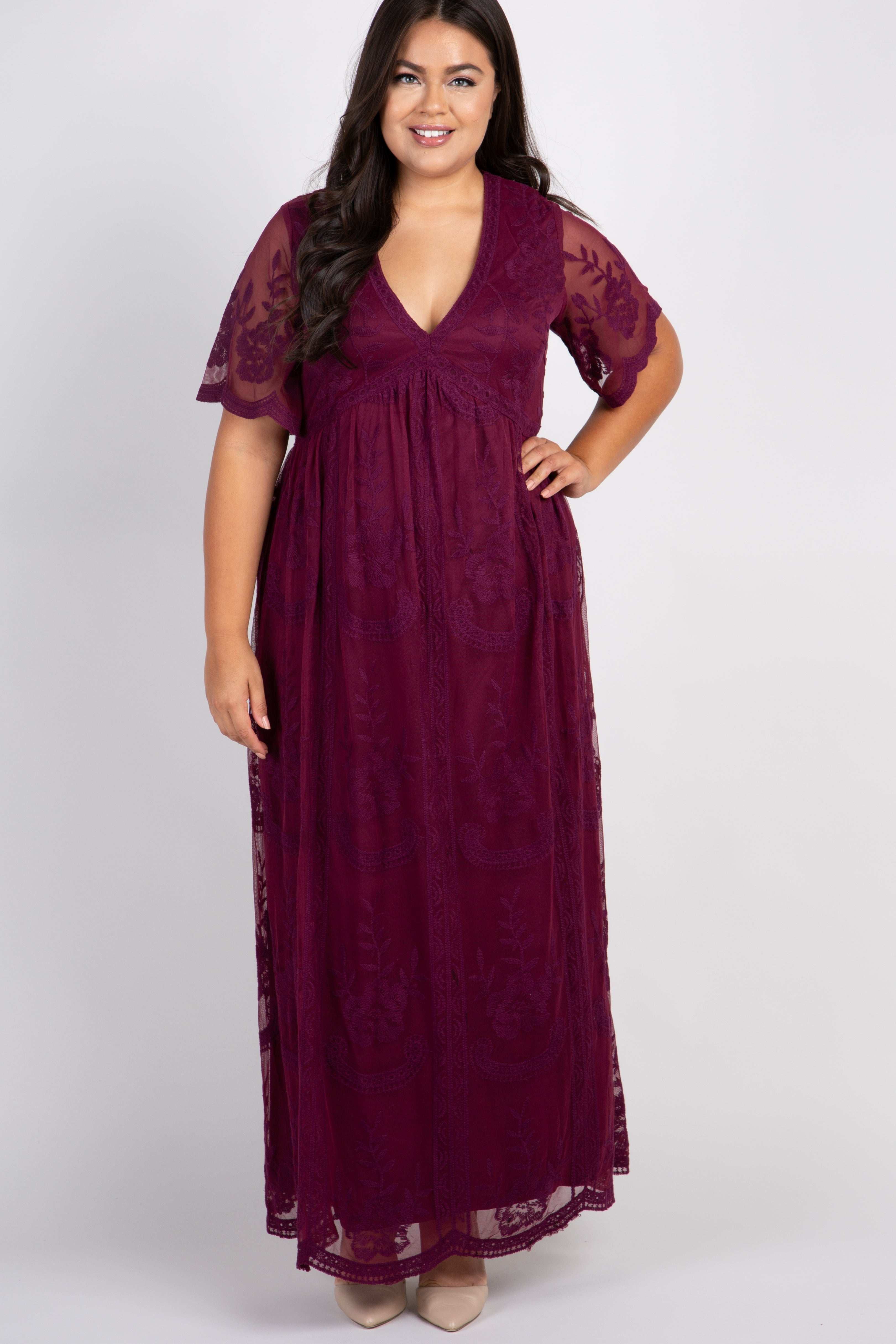 PinkBlush Burgundy Lace Mesh Overlay Plus Maternity Maxi Dress