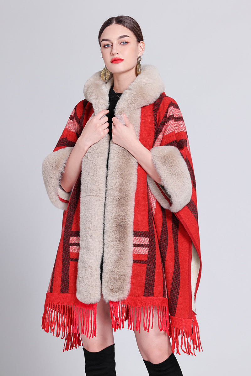 Women's Knitted Hooded Poncho with Fur Trim & Tassels for Winter
