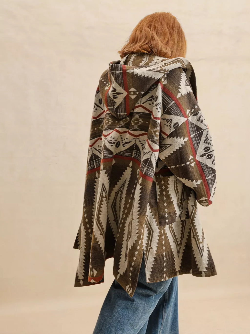 Aztec Print Hooded Open Front Cardigan with Pockets