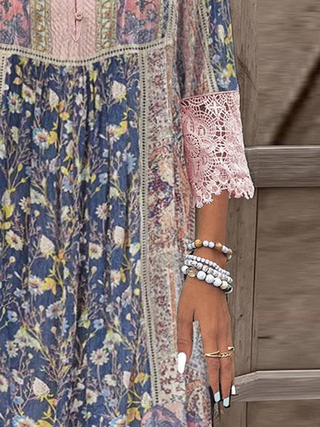Lace Detail Midi Dress with Printed Sleeves in Blush Pink
