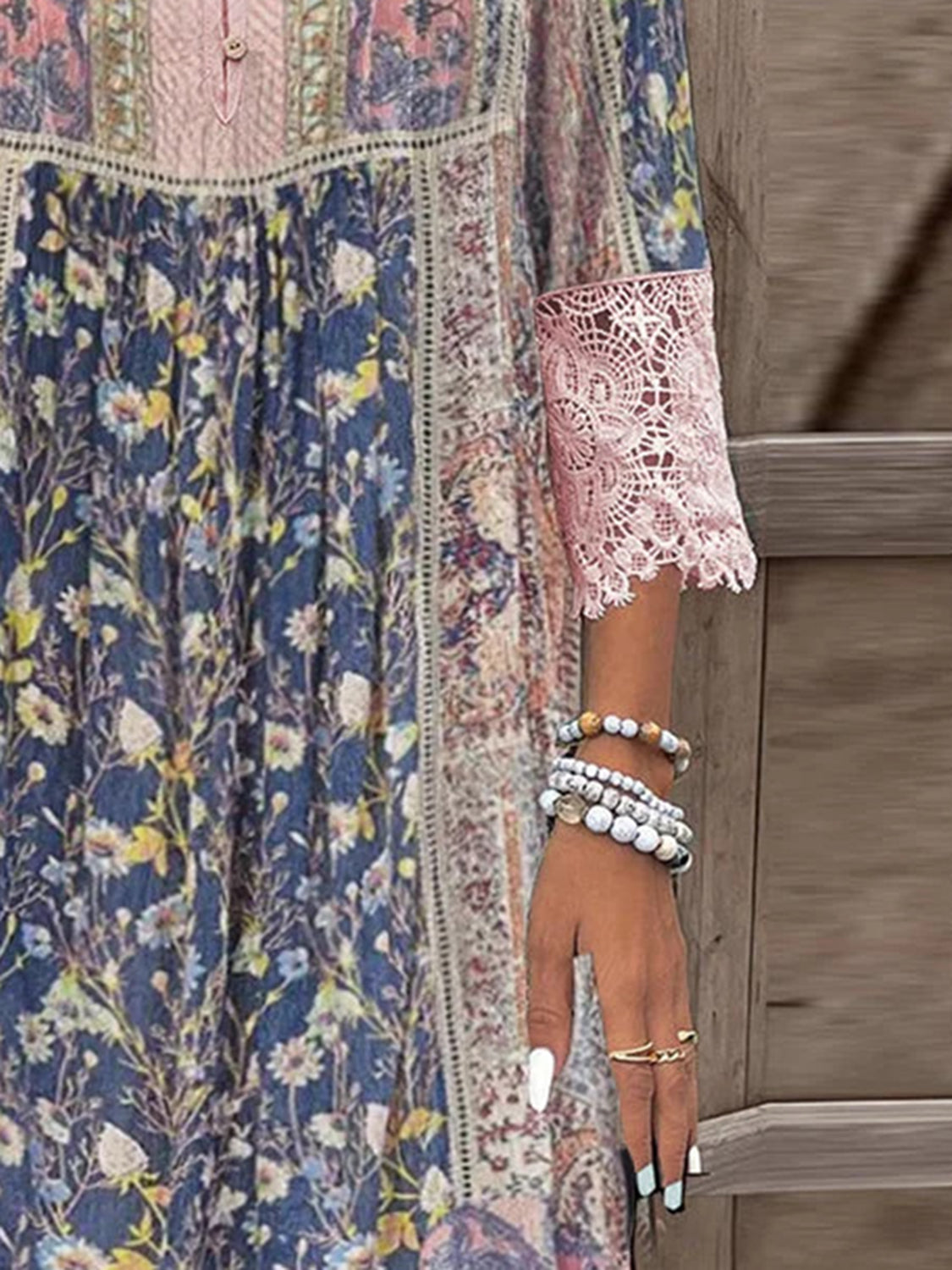 Lace Detail Midi Dress with Printed Sleeves in Blush Pink