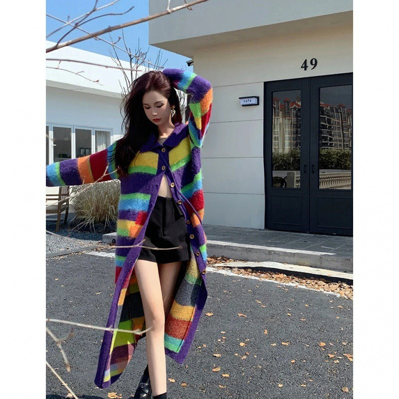 Vibrant Rainbow Striped Knit Cardigan Sweater Coat for Women - Image 3