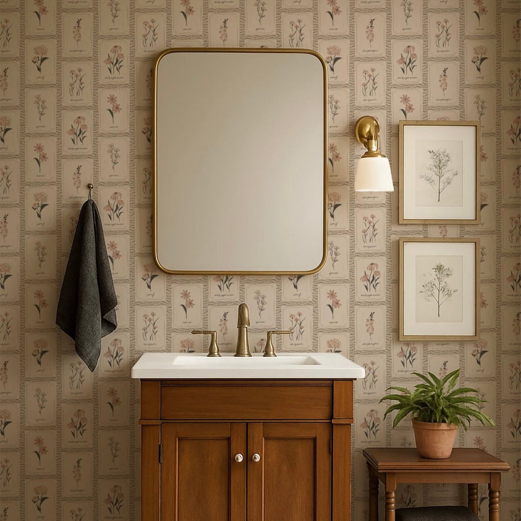 Susan floral botanical wallpaper in vintage beige, mauve, and green tones.