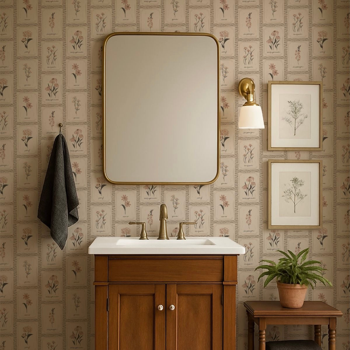 Susan floral botanical wallpaper in vintage beige, mauve, and green tones.