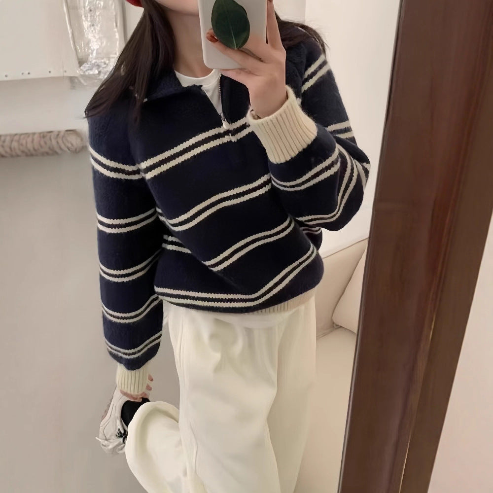 Women's Half-Zip Striped Sweater Turn-Down Collar Knit Pullover - Image 2