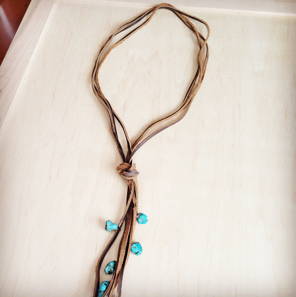 Rustic Knotted Leather Lasso Necklace with Turquoise Beads - Image 3