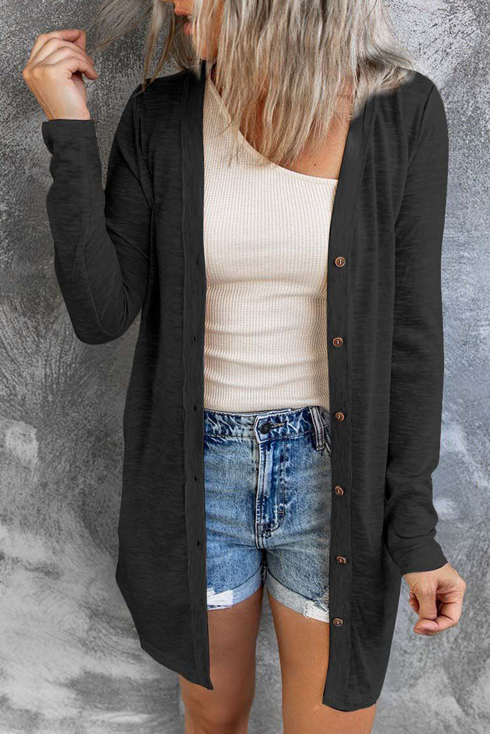 White Longline Open-Front Buttoned Cardigan - Lightweight Knit