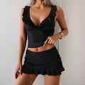 Women's Ruffle Trim Bikini Set Solid Black Three-Piece Swimsuit - Image 5