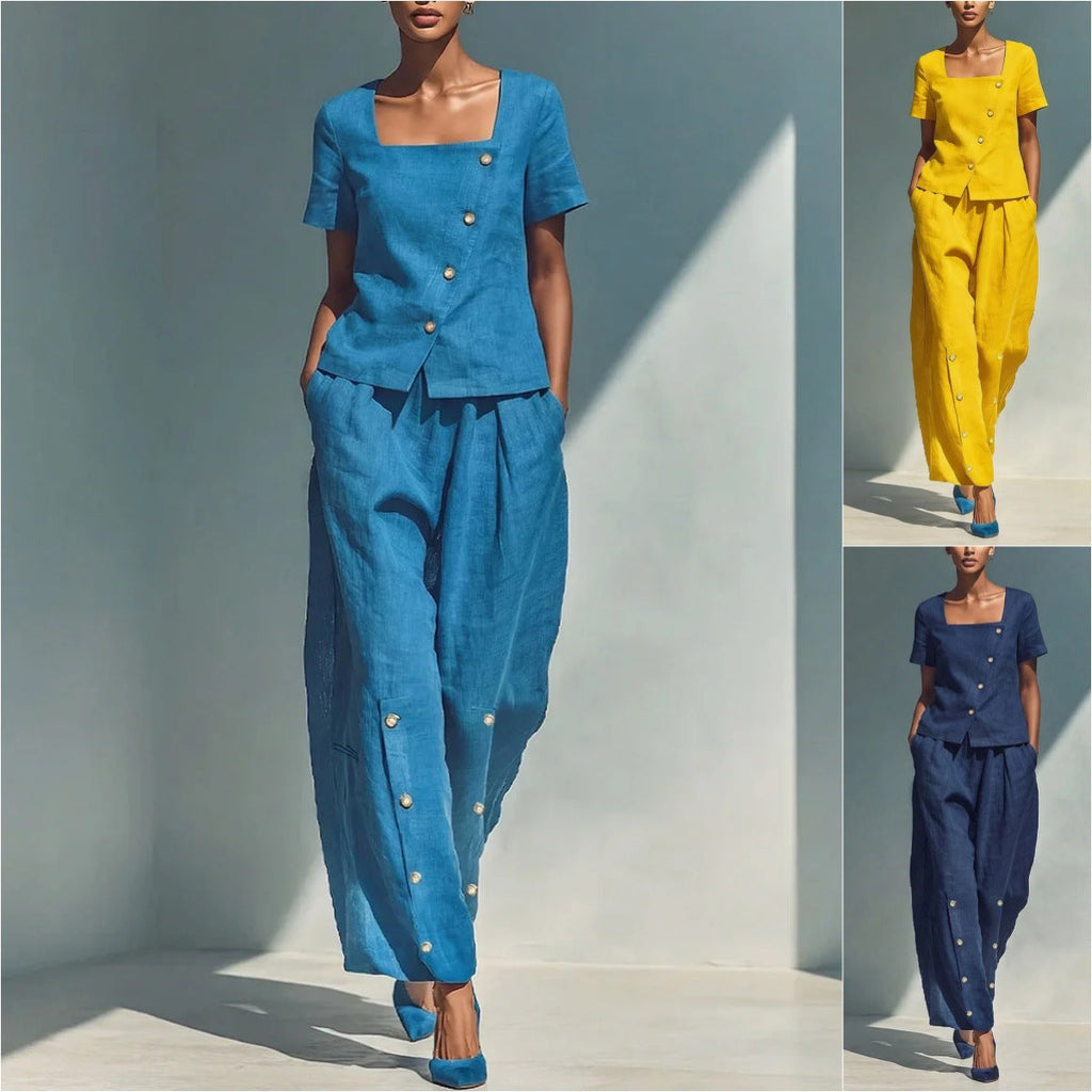 Women's Short Sleeve Square Neck Top and Buttoned Pant Set - Image 2