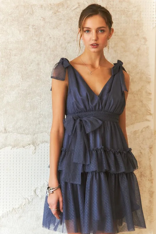 Polka Dot Mesh Tie Shoulder Dress for Retro Summer Style