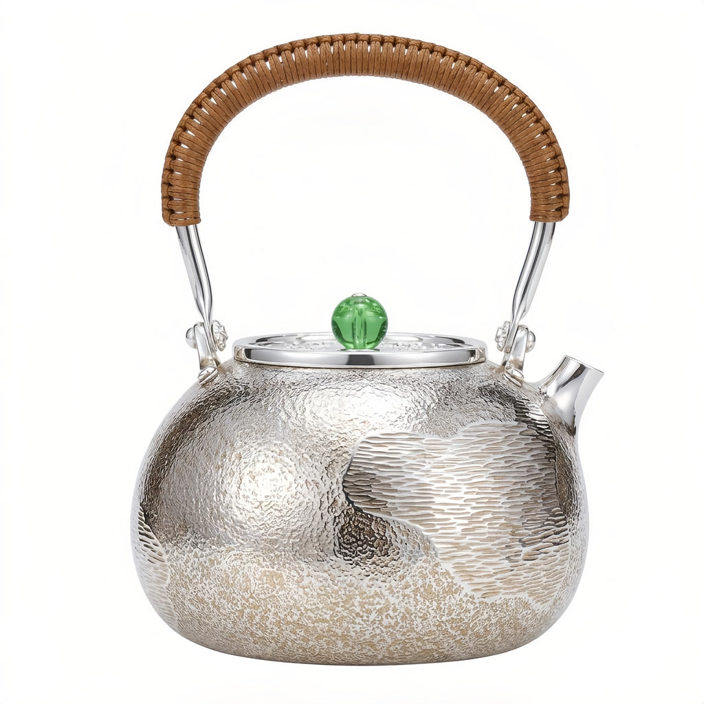 999 Fine Silver Handcrafted Textured Teapot with Rattan Handle