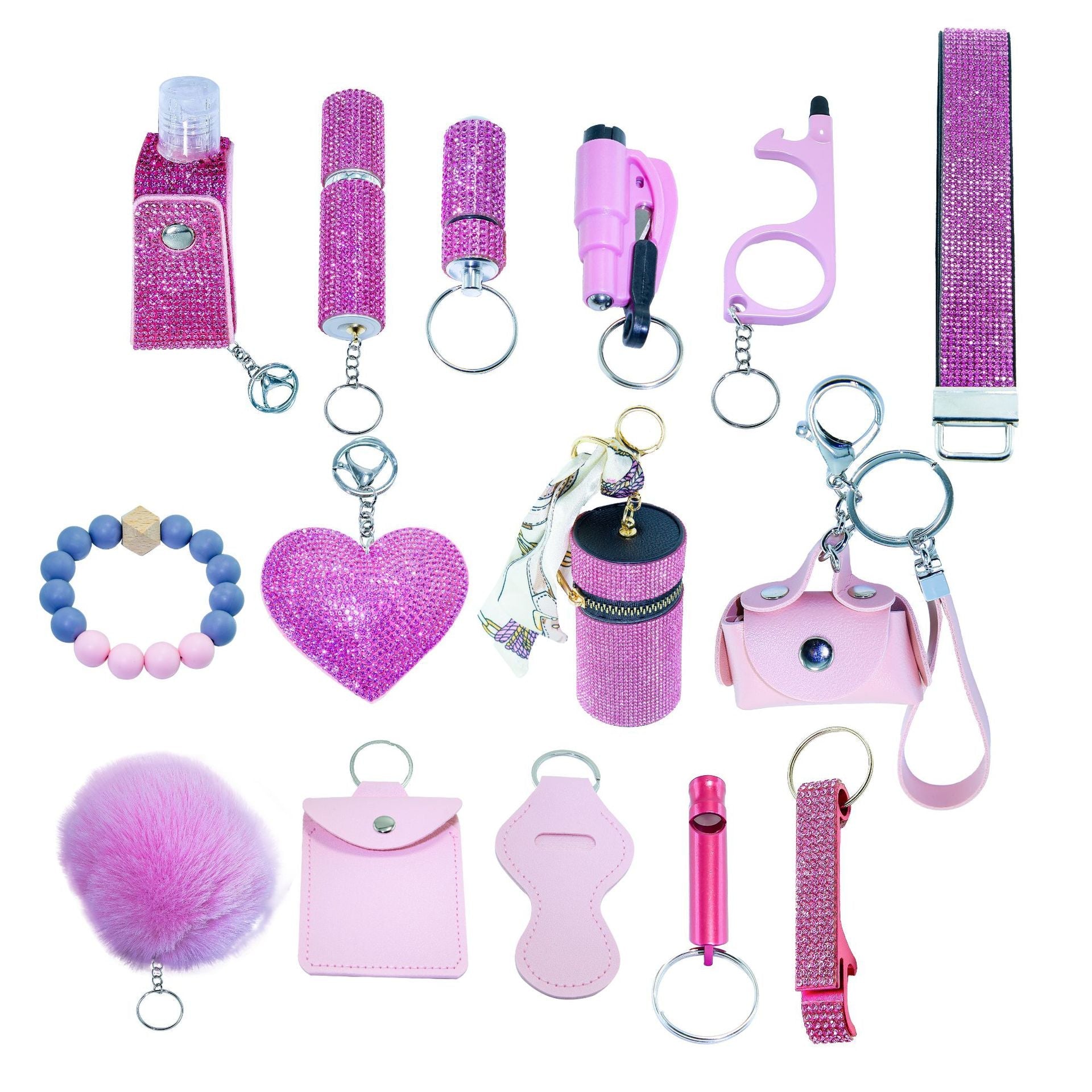 A 15-piece set of PU leather keychains featuring sparkling rhinestone patterns in various colors.