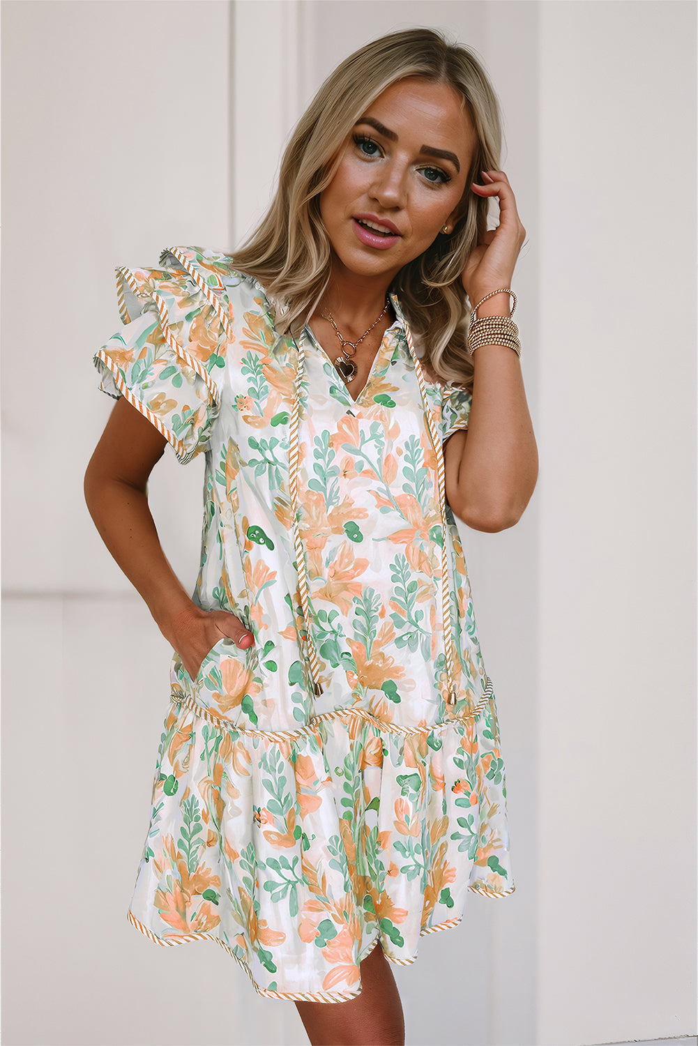 Orange Floral Satin Mini Dress | V-Neck Layered Short Sleeve