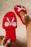 Fiery Red Pearl Rhinestone Embellished Bow Open Toe Plush Slippers