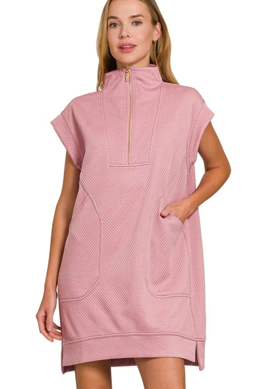Zenana Textured Knit Jacquard Quarter Zipper Mini Dress