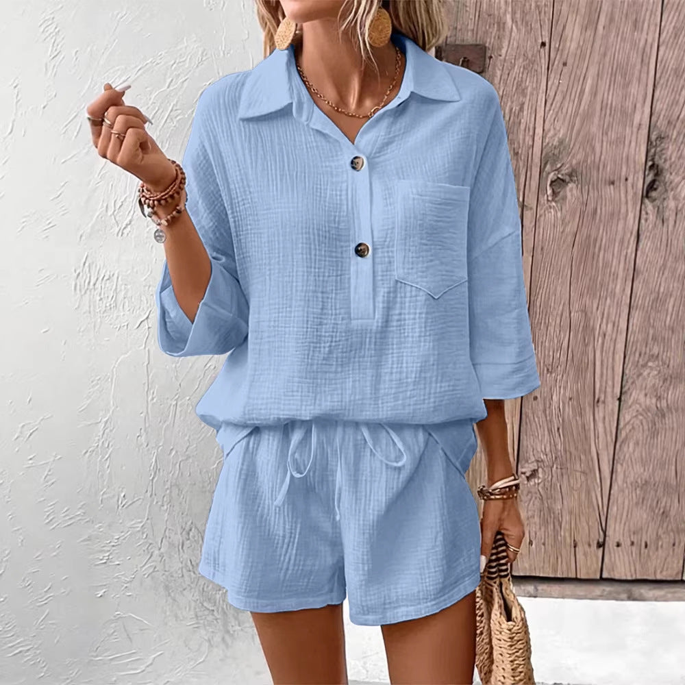 Women's Button-Down Lapel Shirt and Drawstring Shorts Set - Image 2