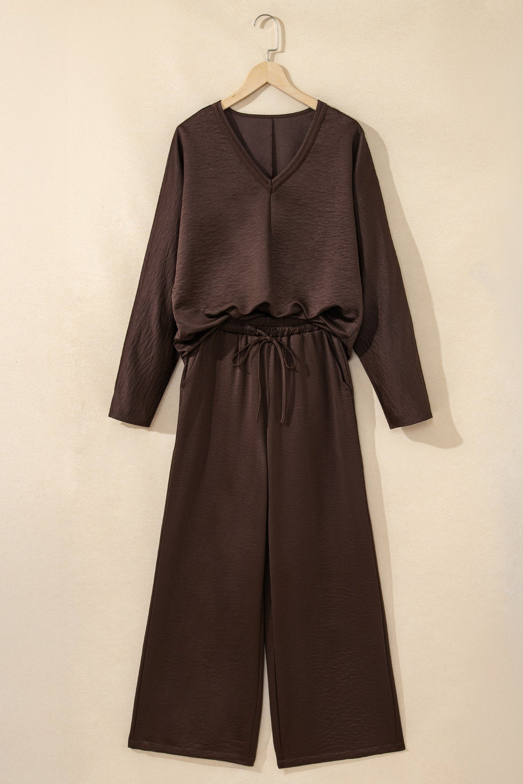 Solid Braided V-Neck Long Sleeve Top & Pants Set
