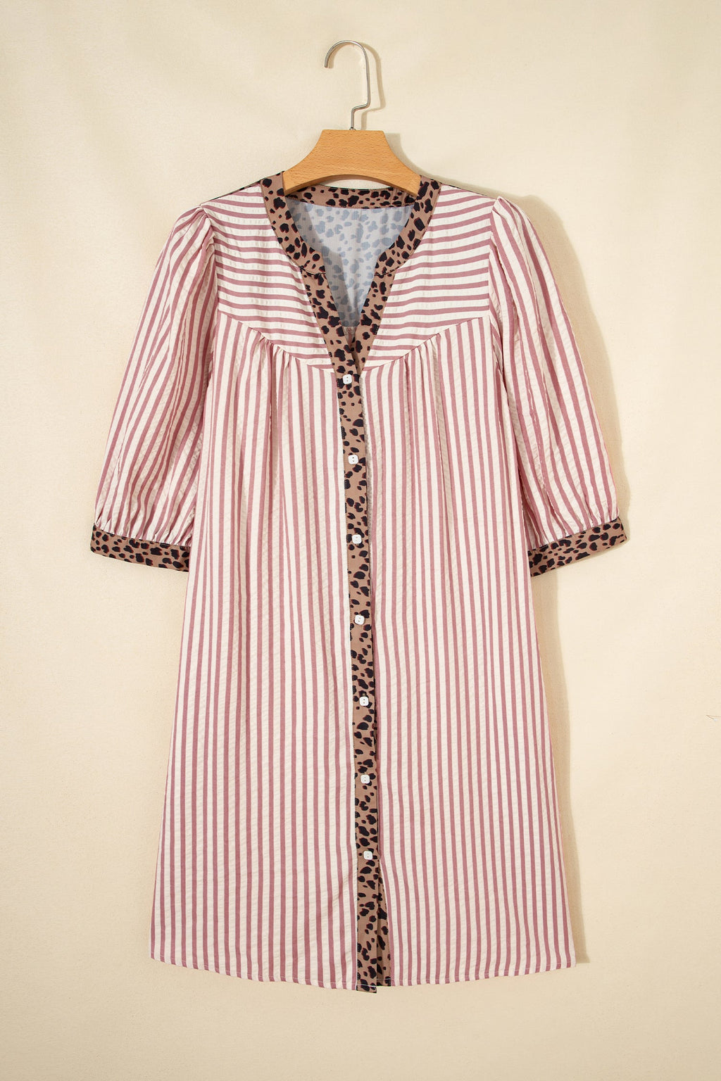 Striped Shirt Dress with Leopard Trim 3/4 Sleeve Cotton Dress