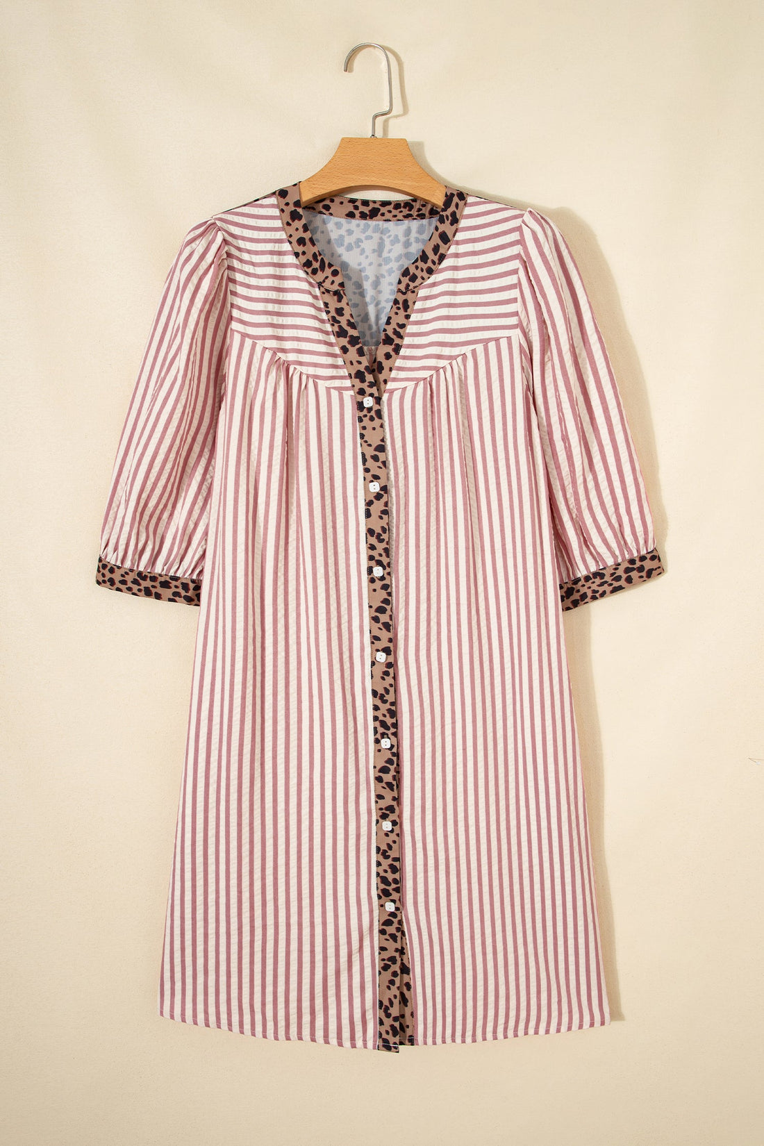 Striped Shirt Dress with Leopard Trim 3/4 Sleeve Cotton Dress