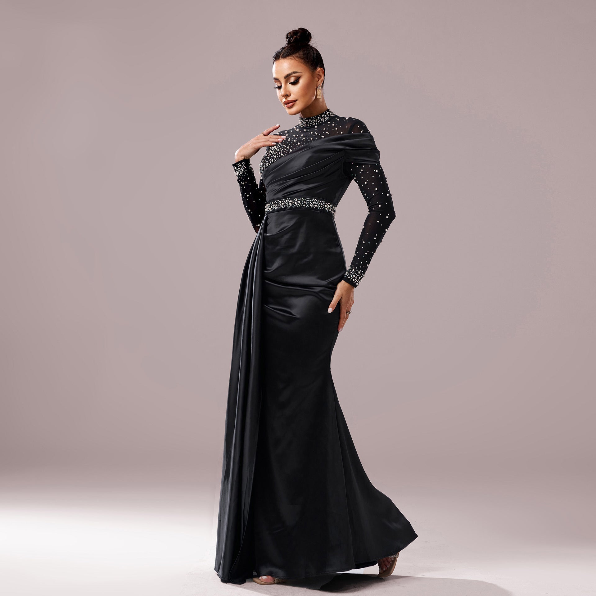 Black Long Sleeve Fishtail Evening Dress with Sequins and Pearls
