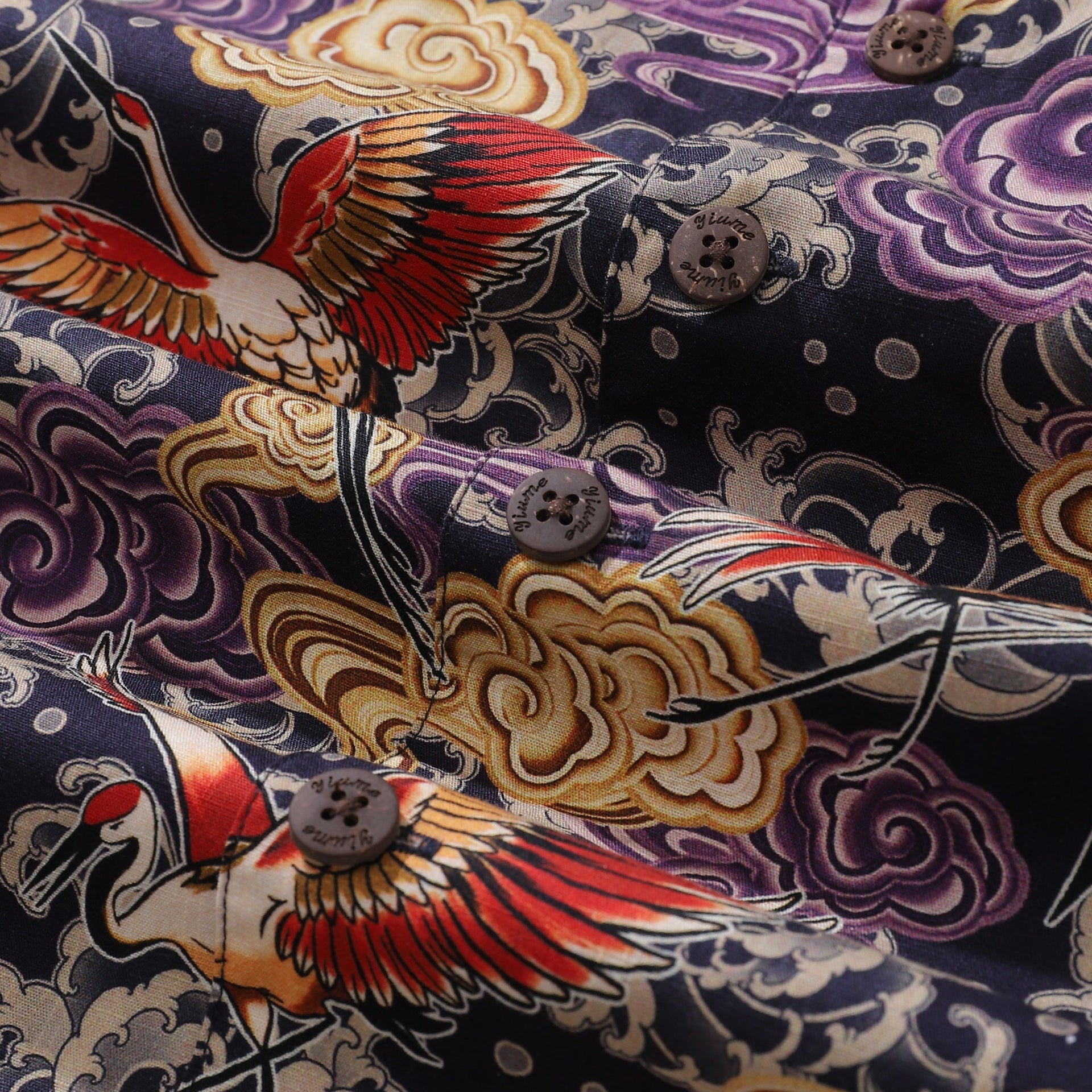 Men's Crane Illustration Print Camp Collar Cotton Shirt