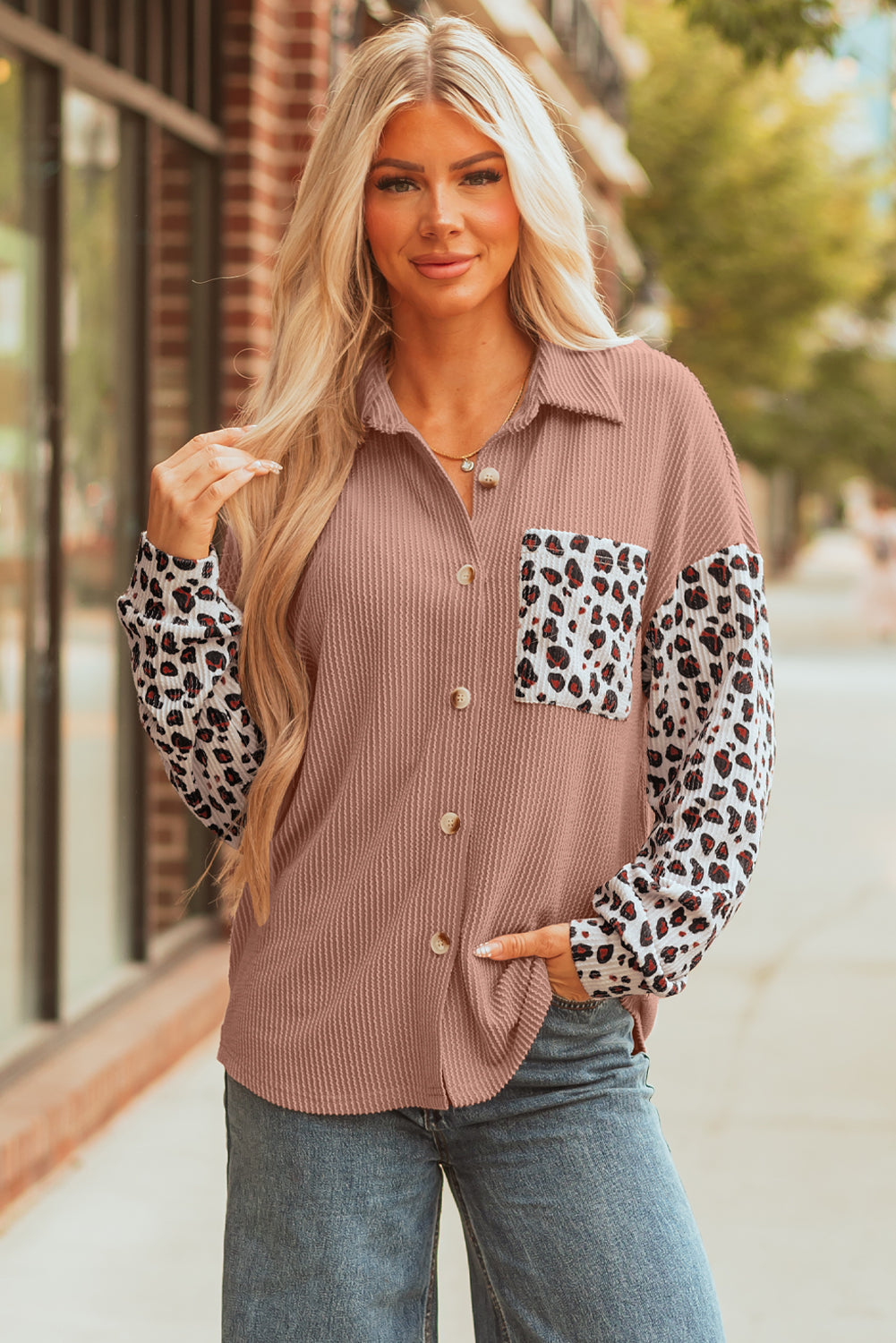 Women's Western Leopard Corded Knit Patchwork Shacket