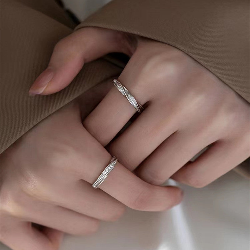 S925 Sterling Silver Love Frequency Couple Rings, Minimalist Wavy Texture Pair Rings, Micro-set Zirconia, Light Luxury Finger Rings
